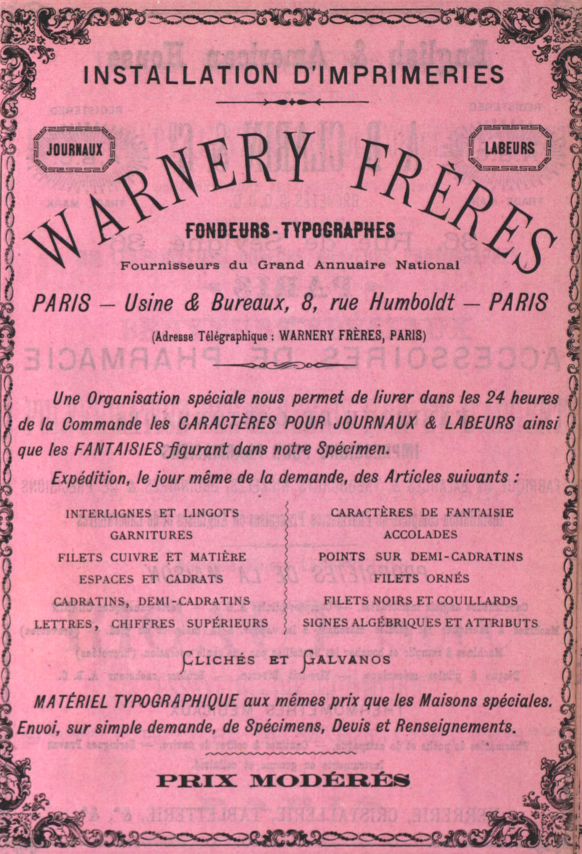 Warnery Frères type foundry advertisement